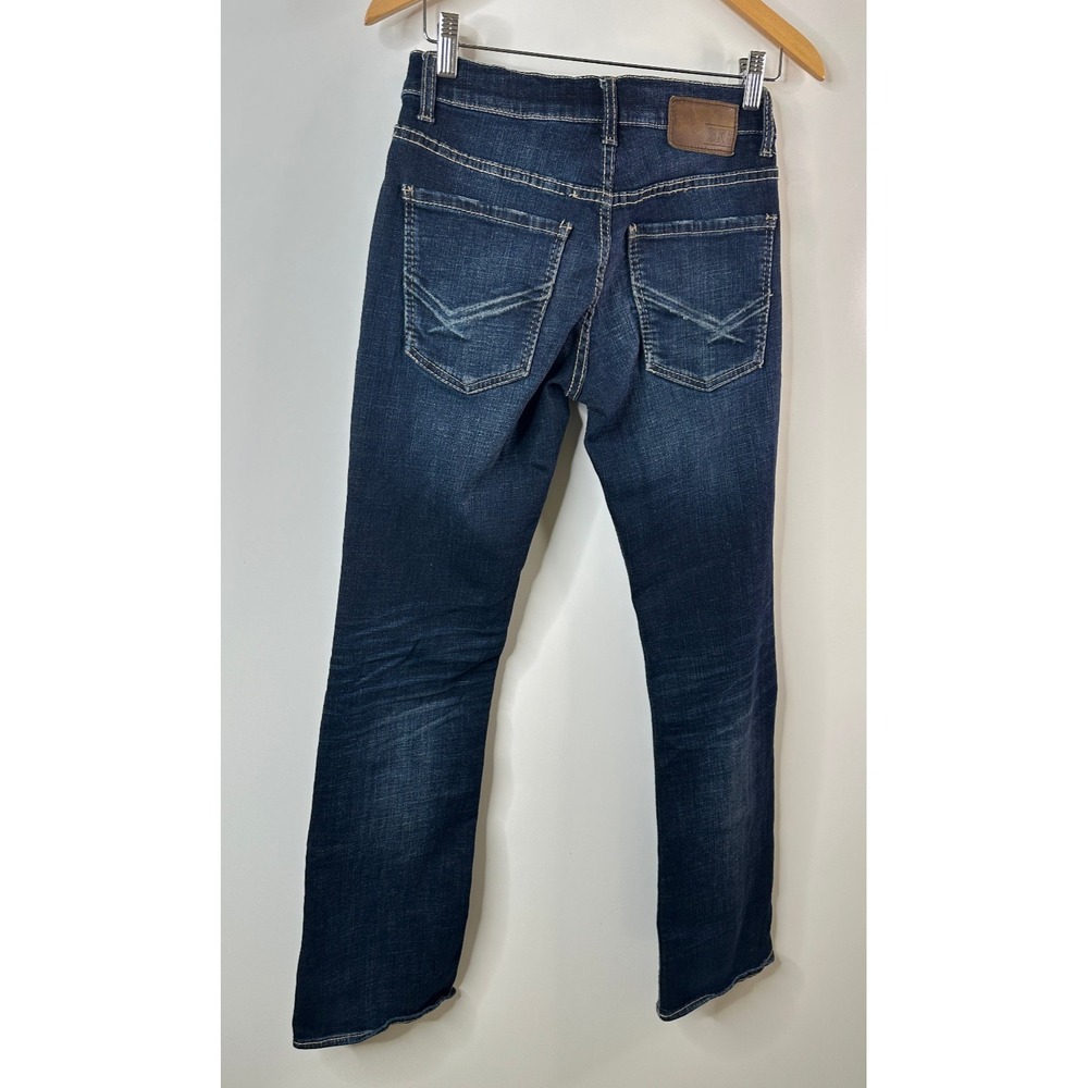 BKE Aiden Jeans Mens 28 Dark Wash Blue Boot Leg Bootcut Denim Stretch Whiskering - Picture 9 of 12